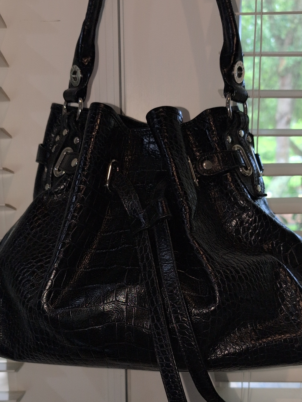 Marc Cross Black Croc-Embossed Drawstring Shoulder Bag